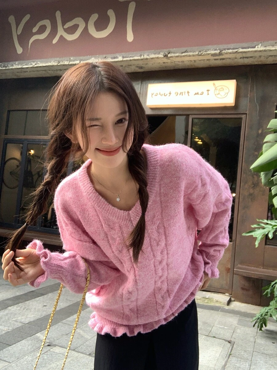 DAZY 女款V領純色長袖針織衫,秋冬款 - 粉色 - 查看 1