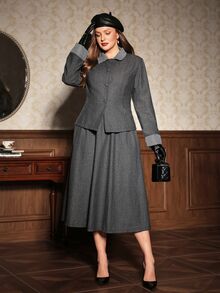 Auvina British Style Tweed 2 Pieces Set, Contrast Color Houndstooth Collar Waist-Cinching Top + Full Skirt Long Skirt, Autumn/Winter Commuter Outfit - Grey - View 4