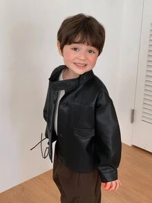 DAZY Infant (Boy) Solid Color Long Sleeve PU Korean Style Jacket - Black - View 4