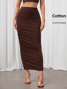 SHEIN Tall 純色鉛筆裙黑色緊身裙，適合高個女性 - 咖啡棕 - 查看 8