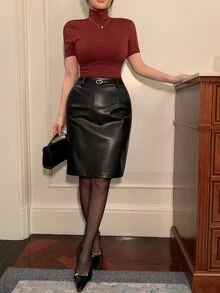 DAZY Women's Elegant Solid Color PU Leather Belt Mid-Length Skirt - Black - View 3