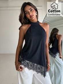 Aloruh Women's Lace Patchwork Asymmetrical Hem Top - Navy Blue - View 7