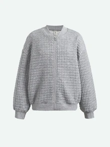 SHEIN جاكيت خريف/شتاء كاجوال محبوك للأطفال الفتيات المراهقات، رمادي فاتح بنسيج بارز متعدد الاستخدامات - رمادي - مشاهدة 3