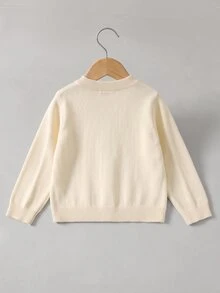SHEIN 女童秋/冬黃色修身圓領針織開襟毛衣外套，基礎款針織開襟衫，適合海邊度假、冷氣房、開學季、優雅聚會等場合，適合秋冬穿著 - 杏色 - 查看 2