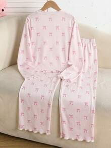SHEIN Teen Girl Bow Print Long Sleeve Top And Pants Loungewear - Multicolor - View 2