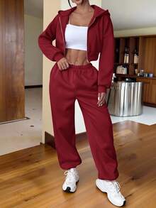 SHEIN EZwear 女款休閒粉色連帽衛衣與運動長褲兩件式居家服套裝 - 酒紅色 - 查看 4