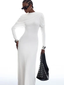 LYSMO Women's Designer Fashion Pleated Cape Dress Dinner Party White Elegant - White - View 3