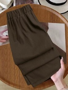 GlowEve CURVE 大尺碼女款拼色口袋鈕扣休閒百搭日常寬腿長褲 - 巧克力棕 - 查看 2