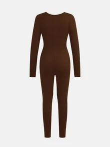 Jumpsuit Kasual Harian untuk Anak Perempuan Remaja, Leher Persegi, Pas Badan, Warna Cokelat Sporty - Coklat - View 5