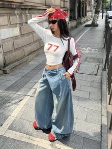 StreetHx Light Blue Washed Asymmetrical Waist Deconstructed Wide Leg Denim Jeans With Side Cargo Pockets, Streetwear Asymmetrical Floor-Length Pants - Light Wash - View 7