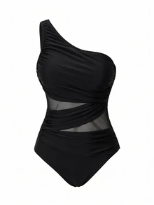 Swim Oasis Women's Solid Color One-Shoulder Ruched One-Piece Swimsuit With Palm Tree Print Cover Up Skirt Set - Black - View 4