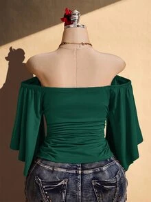 SHEIN ICON 女款大尺碼露肩純色喇叭袖時尚上衣 - 墨綠色 - 查看 2