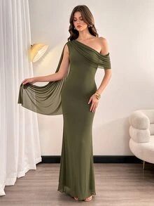SHEIN Tall 女款優雅純色不對稱肩長洋裝，舞會晚宴正式夏季婚禮賓客穿著，深棕色，高挑顯長 - 軍綠色 - 查看 10