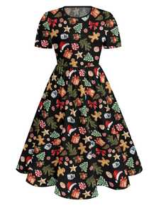 EMERY ROSE Plus Size Women's Summerween Halloween Ghost Pumpkin Floral Print Short Sleeve A-Line Dress, Fall Spooky Season Casual Party Outfits Christmas - Multicolor - View 1