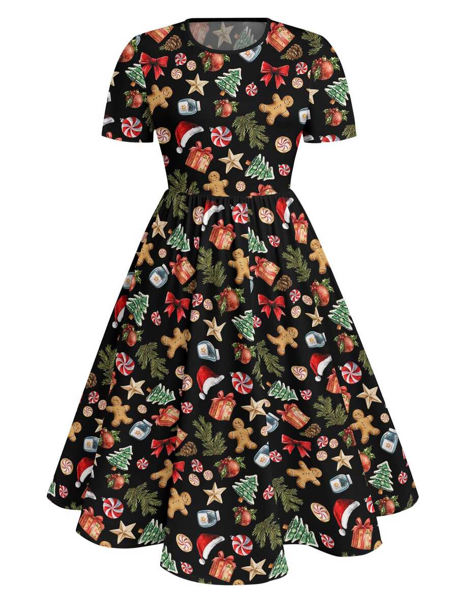 EMERY ROSE Plus Size Women's Summerween Halloween Ghost Pumpkin Floral Print Short Sleeve A-Line Dress, Fall Spooky Season Casual Party Outfits Christmas - Multicolor - View 1