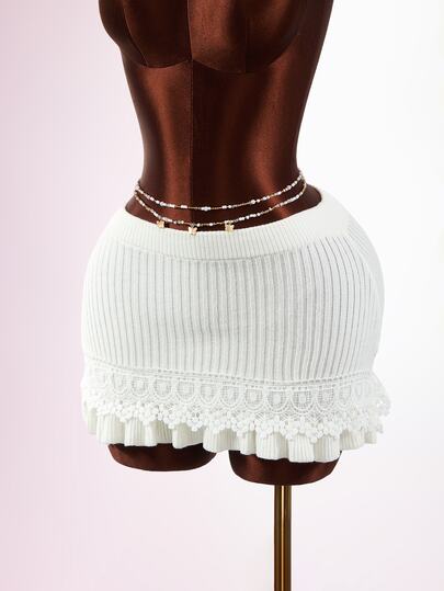 Mistrie Women's High Waist Knitted Mini Skirt Solid Color Lace Hem Ruffled Short Skirt Casual Sweet Streetwear For Daily Home Holiday Party