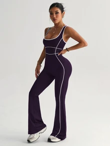 SHEIN Sports 女款瑜伽戶外健身連身褲，寬肩帶緊身顯瘦喇叭褲，對比色條紋設計 - Bold Plum - 查看 5