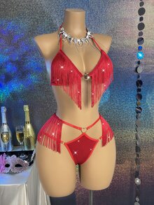MidnightGlam 女款流蘇設計掛脖內衣與丁字褲性感內衣套裝 - 紅色 - 查看 5
