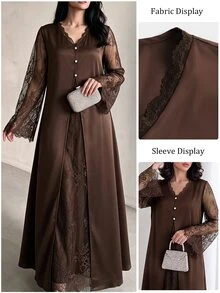 Al Najma Autumn/Winter V-Neck Lace Long Sleeve Inner Layer Lace 2 In 1 Elegant Elegant Fashionable Generous Women's Dress - Brown - View 10