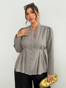 Firerie Slimming Pleated-Waist Shirt / Elegant Plus-Size Long-Sleeve Grey Workwear Top / Button-Front / Blazer-Style - Grey - View 4