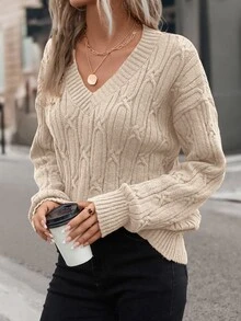 SHEIN VCAY Plus Size Women's Retro High Neck Turn Collar Pullover Sweater For Commuting - Apricot - View 7