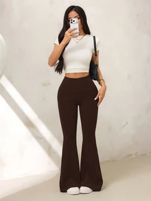 SHEIN PETITE 女款純色高腰休閒百搭日常喇叭褲 - 咖啡棕 - 查看 4