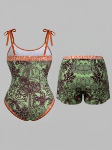 Swim Oasis Plus Size Coconut Tree Print One-Piece Swimsuit With Drawstring Waist Shorts Set - Multicolor - View 10