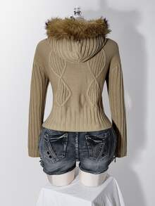 SHEIN ICON Women's Plus Size Zipper Faux Fur Hooded Knit Sweater - Khaki - View 2