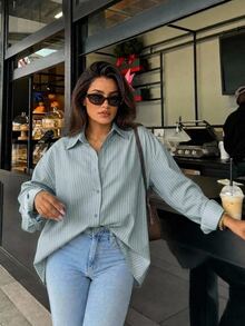 Dazy Plus Fashion Striped Lapel Loose Fit Playful Commuter Versatile Casual Spring Autumn New Shirt - Mint Blue - View 5