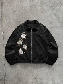 AXEPEAK 男士水洗黑/灰色拉鍊刺繡長袖夾克 - 黑色 - 查看 1