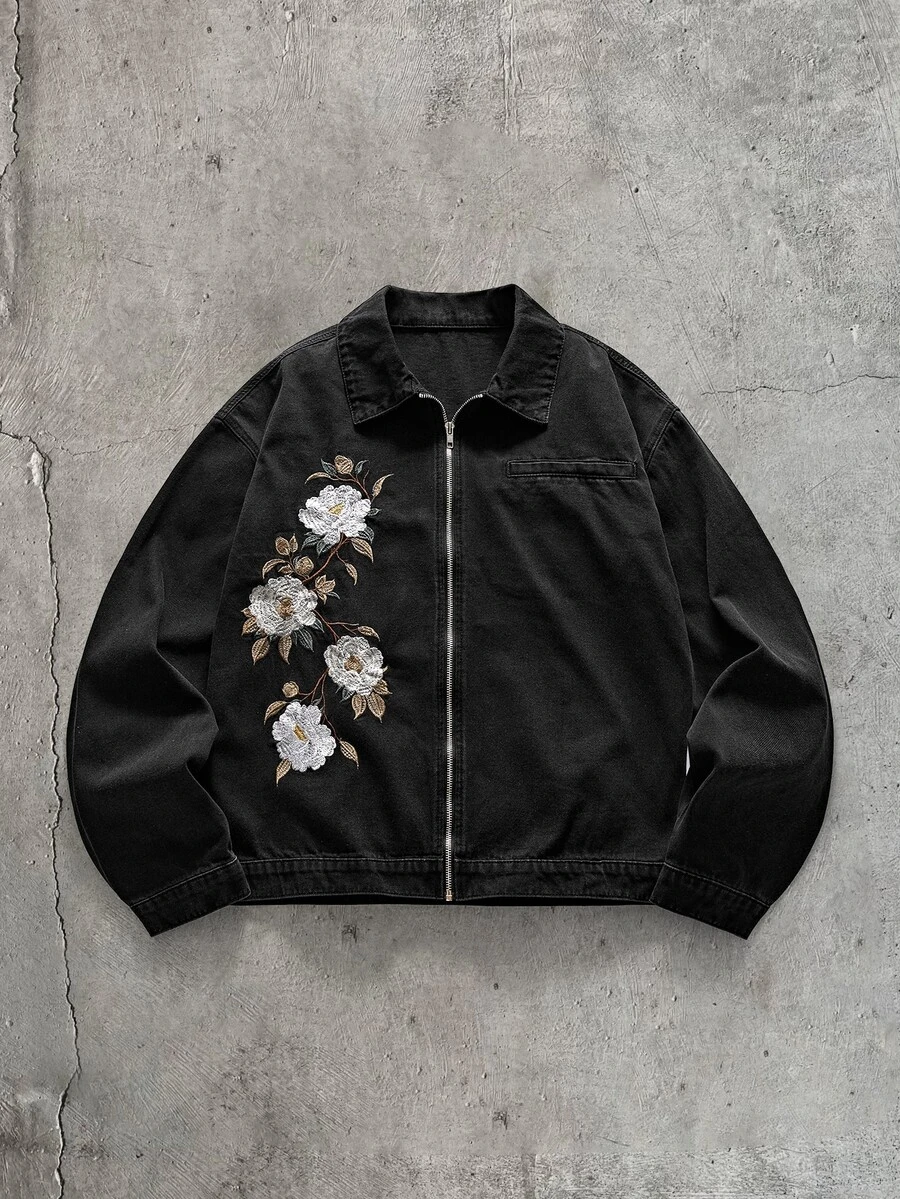 AXEPEAK 男士水洗黑/灰色拉鍊刺繡長袖夾克 - 黑色 - 查看 1