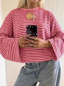 SHEIN EZwear 海外長袖粉紅與紅色拼接條紋上衣，秋季上衣，適合日常通勤、派對、秋冬春夏、聖誕節、新年、感恩節、派對、婚禮、海灘、畢業典禮、優雅、外出、約會、通勤、情人節、優雅、度假、Y2K、畢業典禮及其他場合 - 彩色 - 查看 5