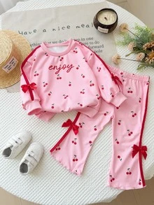 SHEIN LMoss Kids 女嬰櫻桃印花蝴蝶結裝飾運動衫與喇叭褲套裝 - 淺粉色 - 查看 5