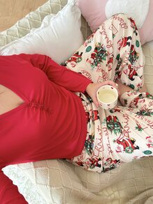Slumberry CURVE Plus Size Women Solid Color Button Design Long Sleeve Top And Santa Claus Print Pants Pajama Set - Multicolor - View 1