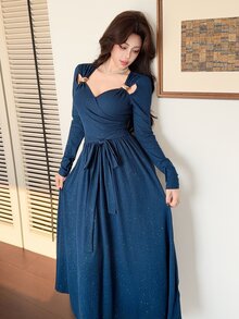 Feyla Metal Decor Hollow Long Sleeve Flared Pink Starry Blue Knit Women's Dress - Blue - View 3