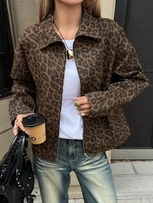 Livesso Women's Leopard Print Loose Casual Denim Jacket - Coffee Brown - View 3