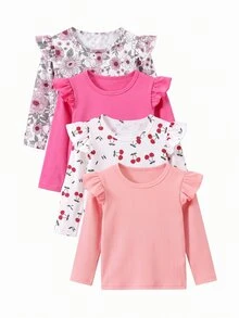 SHEIN 女嬰 4 件套，花卉櫻桃印花與純色針織短袖圓領長袖上衣，休閒日常彈性內搭層，秋冬款 - 彩色 - 查看 7