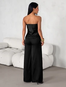SHEIN PETITE Women's Satin & Lace Patchwork Bandeau Top And Long Pants 2 Pieces Set - Black - View 2