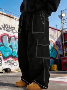 SHEIN 兒童青少年男孩休閒日常百搭舒適工裝直筒寬鬆長褲，黑色工裝褲，適合外出、約會、上學，春、夏、秋、冬四季皆宜 - 黑色 - 查看 1