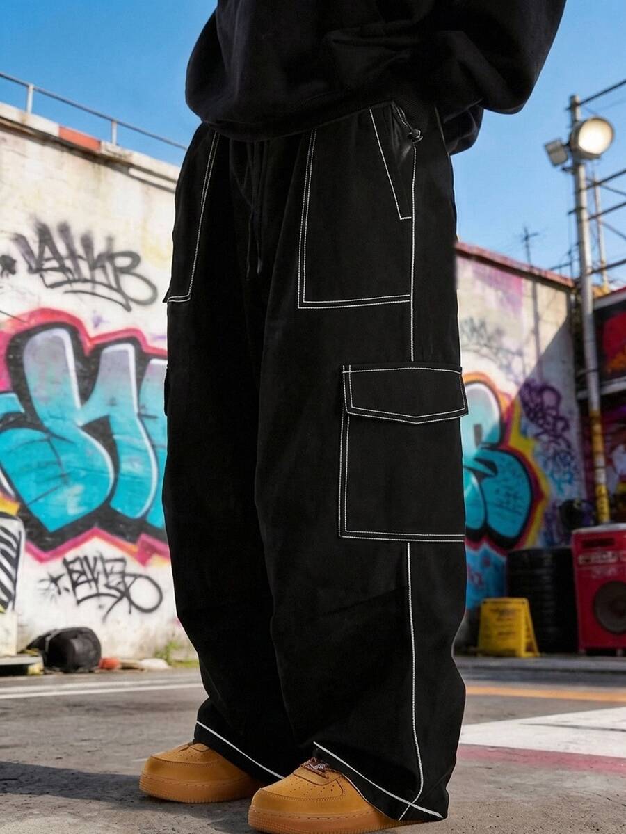 SHEIN 兒童青少年男孩休閒日常百搭舒適工裝直筒寬鬆長褲,黑色工裝褲,適合外出、約會、上學,春、夏、秋、冬四季皆宜 - 黑色 - 查看 1
