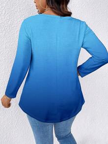 EMERY ROSE Ombre Color Block Plus Size V-Neck Long Sleeve T-Shirt Fall - Multicolor - View 2