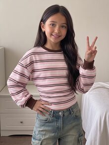 SHEIN 青少年女孩秋冬休閒時尚復古學院風彩色條紋印花收腰抓皺套頭運動衫 - 粉色 - 查看 1