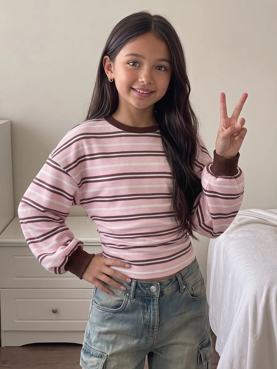 SHEIN 青少年女孩秋冬休閒時尚復古學院風彩色條紋印花收腰抓皺套頭運動衫 - 粉色 - 查看 1