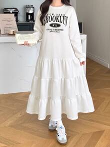 青少年女孩休閒寬鬆圓領落肩保暖內裡抽褶下擺洋裝，返校季，適合秋冬，灰色長洋裝 - 白色 - 查看 1