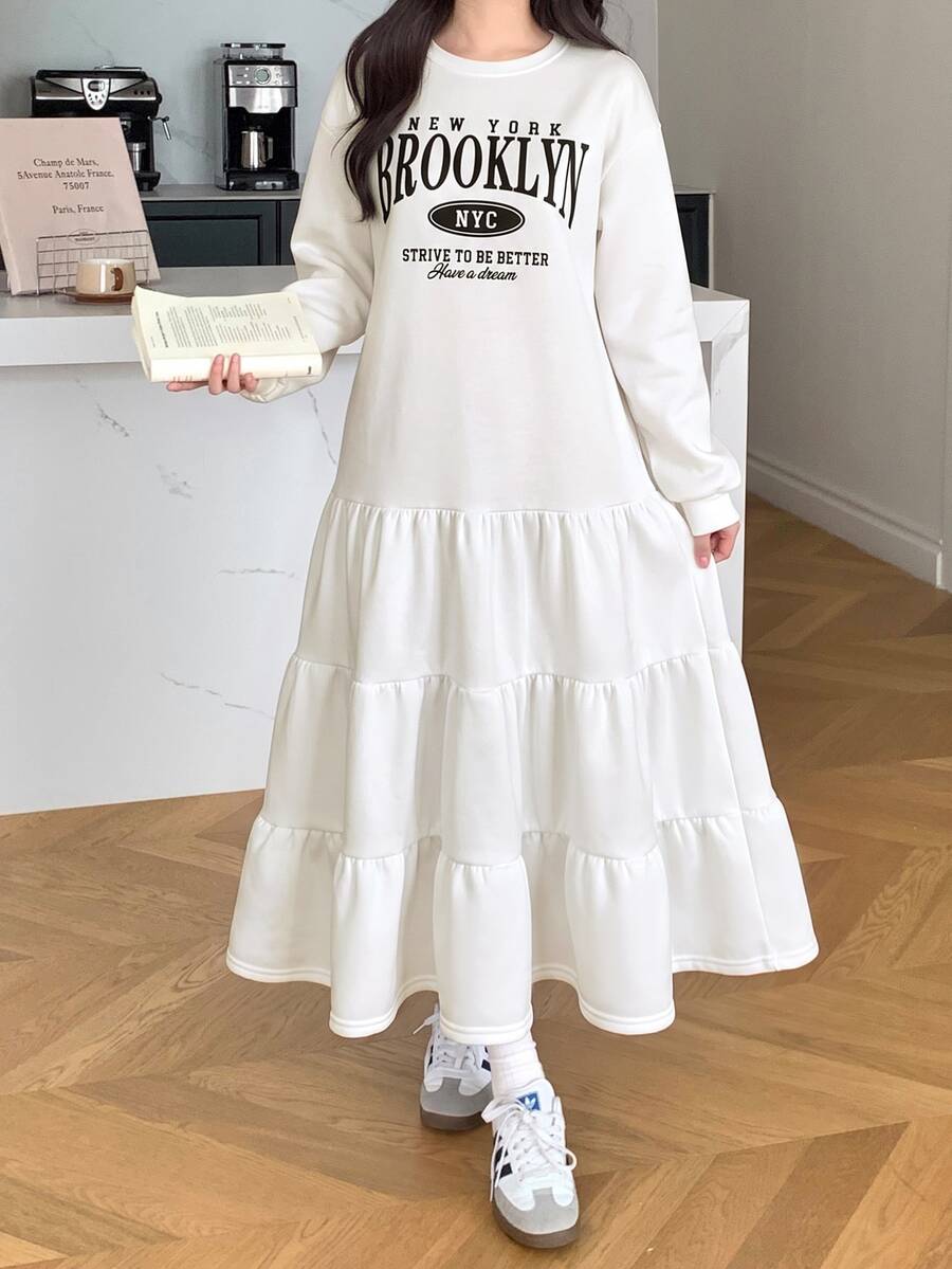 青少年女孩休閒寬鬆圓領落肩保暖內裡抽褶下擺洋裝,返校季,適合秋冬,灰色長洋裝 - 白色 - 查看 1