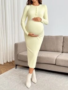 SHEIN Đầm bầu ôm dáng thanh lịch màu trơn, cổ tròn, tay dài, vạt trước cài nút nửa ngực, mùa thu - Màu vàng - Xem 3