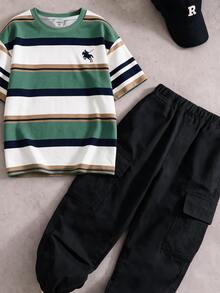 Tween Boy Striped Color Block Pony Graphic Digital Print T-Shirt And Cargo Pants Set, Casual Sports Style - White - View 3