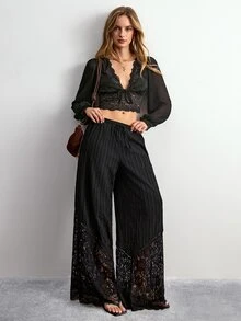 Willow Rêve Women's Black Lace Hem Loose Long Pants - Black - View 3