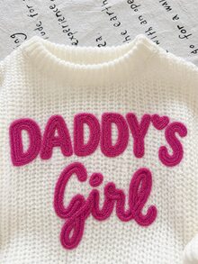 SHEIN Baby Girl Contrast Color Embroidered Letter Pattern Drop Shoulder Thick Textured Pullover Sweater Suitable For Winter - Beige - View 7