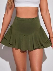 SHEIN Tall 女款夏季休閒針織純色短褲裙，適合高個女性 - 軍綠色 - 查看 7